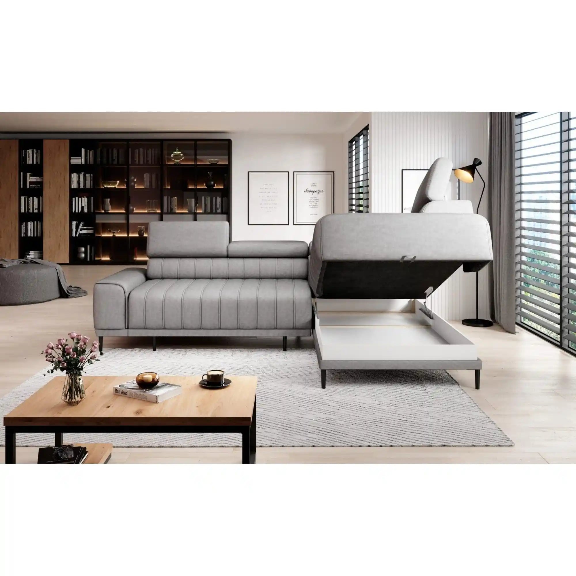 Coltar extensibil CALDO L, personalizabil materiale gama Oferta Avantaj, cu lada depozitare si tetiere reglabile, 268x200x99 cm