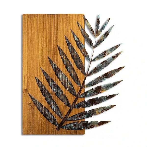 Decoratiune perete LEAF 3-1, stejar/maro/auriu, metal/lemn, 58x3x50 cm