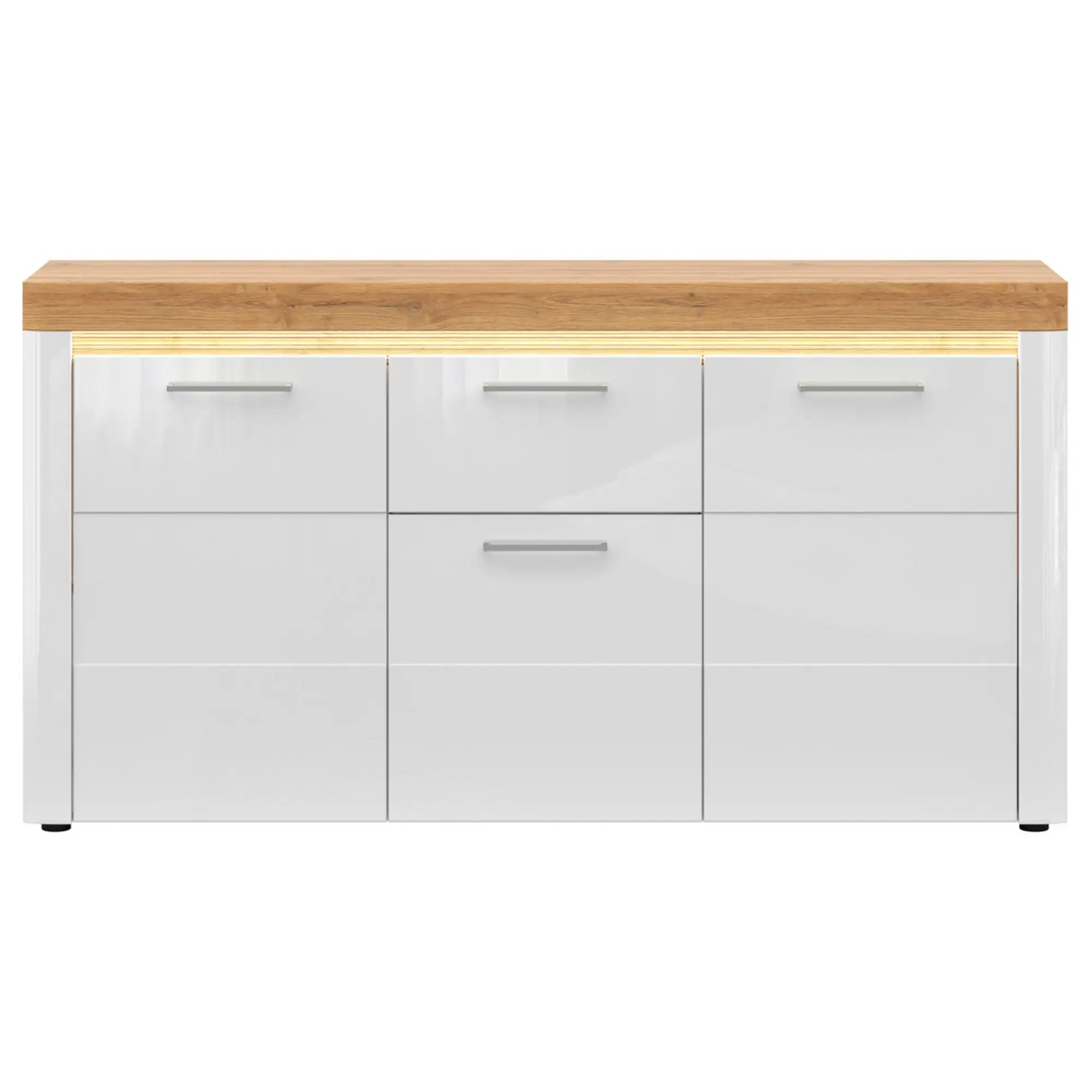 Comoda HORTON, alb/stejar grandson, PAL laminat, cu 3 usi si un sertar, 170x42x90 cm