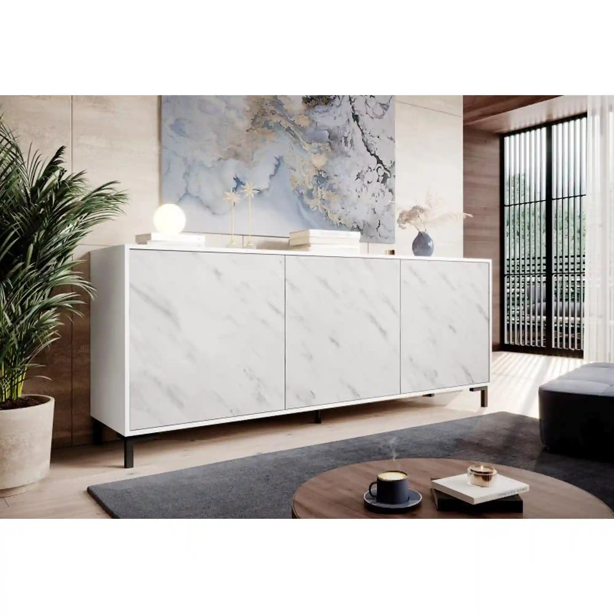 Comoda MARMO, alb/alb cu efect de marmura, PAL laminat, 200x45x81 cm