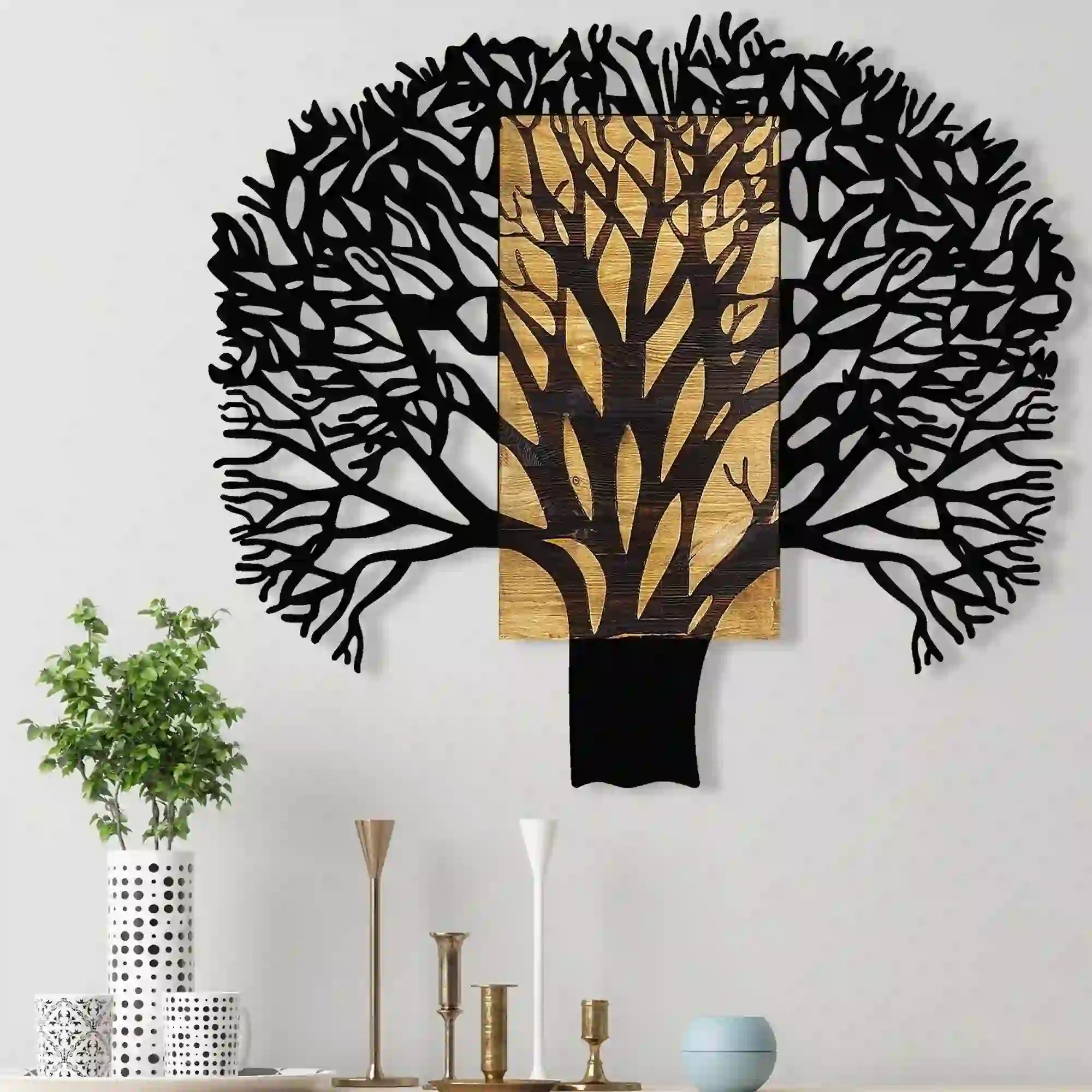 Decoratiune perete TREE 1, stejar/negru, lemn/metal, 93x3x86 cm