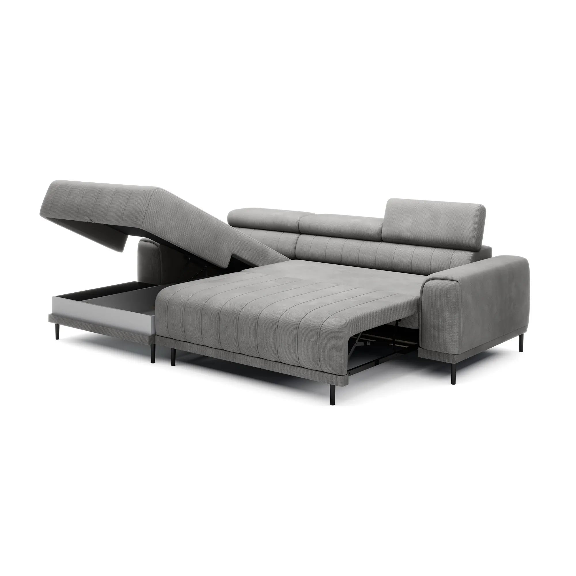 Coltar extensibil CALDO MINI, personalizabil materiale Gama Premium, cu lada depozitare si tetiere reglabile, 272x178x99 cm