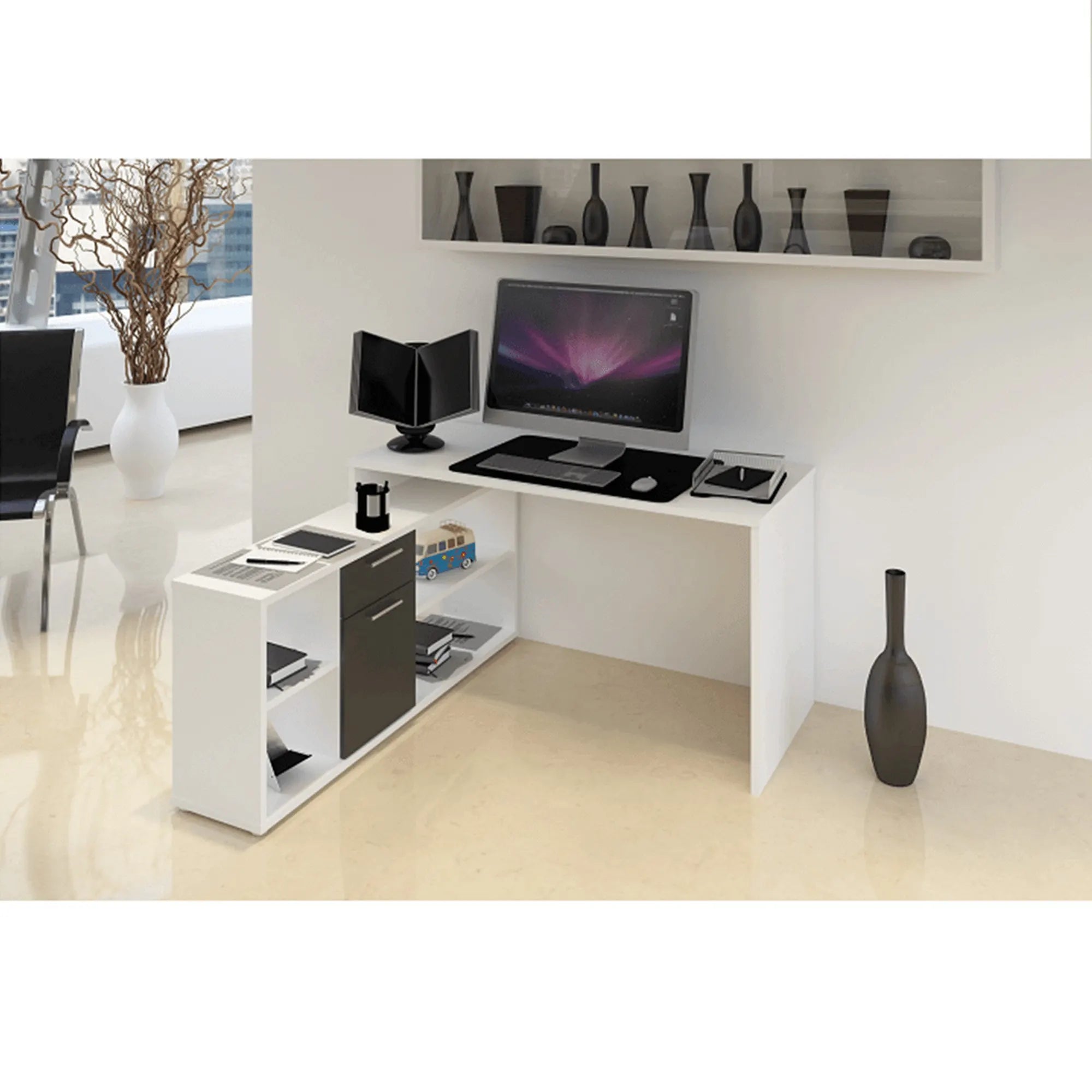 Birou NOE NEW, alb/negru, PAL melaminat, 135x60/30x74/60 cm