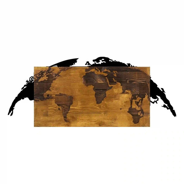 Decoratiune perete WORLD MAP, nuc/negru, lemn/metal, 83x3x35 cm