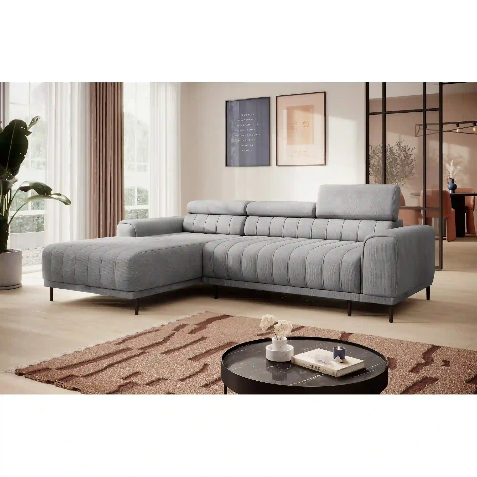 Coltar extensibil CALDO MINI, personalizabil materiale Gama Premium, cu lada depozitare si tetiere reglabile, 272x178x99 cm