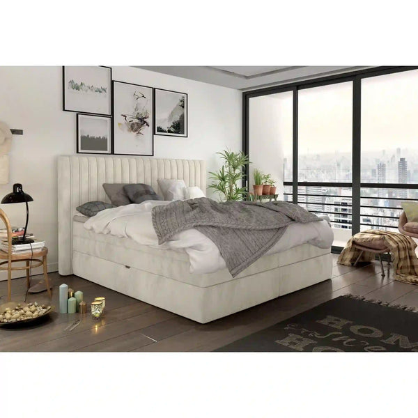 Pat boxspring MINOLA 160x200, stofa catifelata crem - Riviera 21, Gama Premium, cu saltele, topper si 2 lazi pentru depozitare