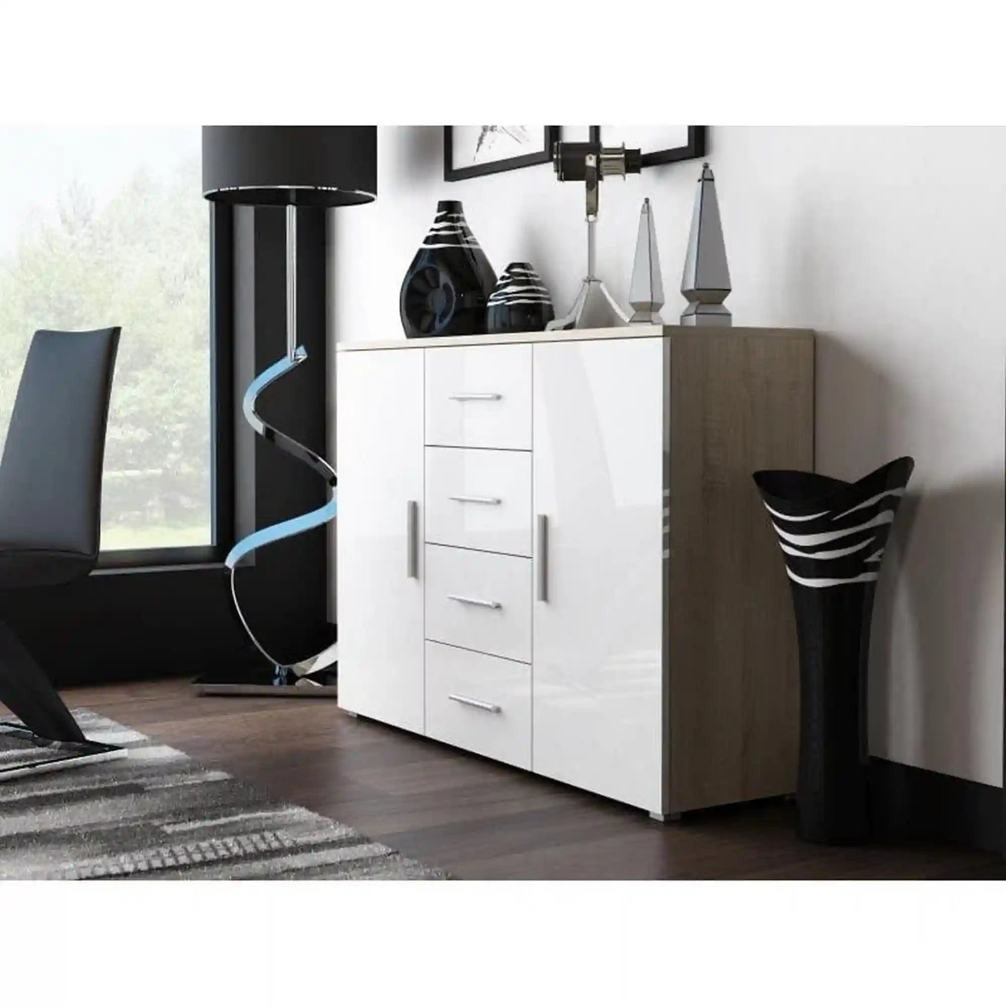 Comoda UNI, stejar sonoma/alb lucios, PAL laminat, 132x38x92 cm