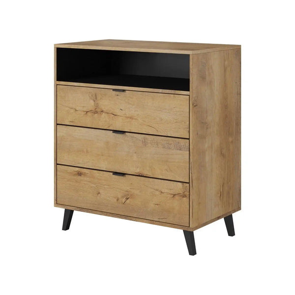 Comoda NEST KM-2, stejar/negru, PAL furniruit/sticla, 80x45x80 cm