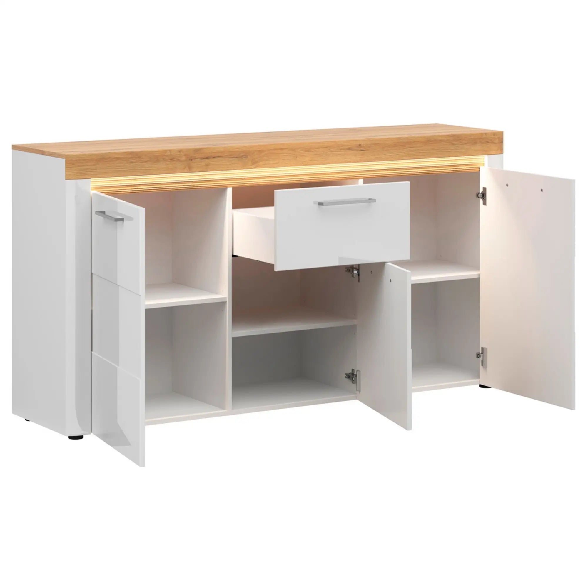 Comoda HORTON, alb/stejar grandson, PAL laminat, cu 3 usi si un sertar, 170x42x90 cm