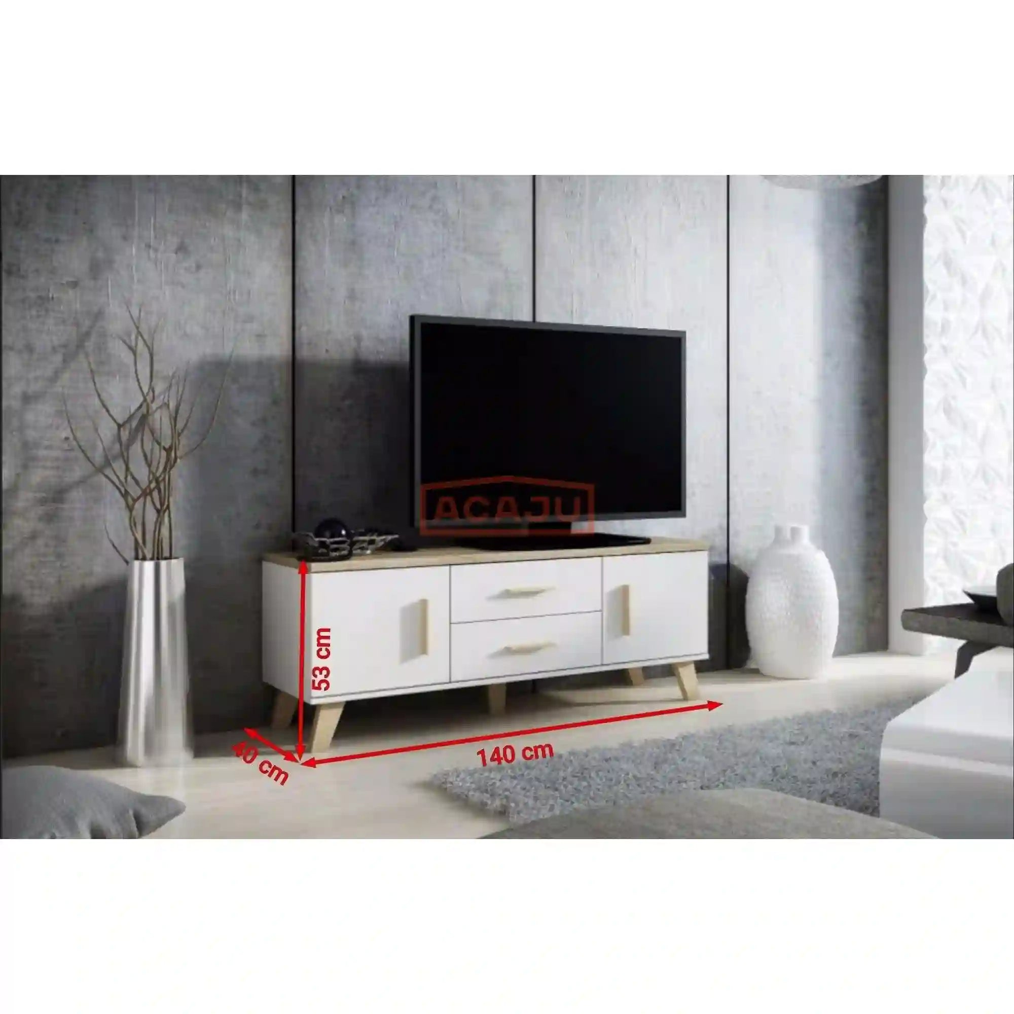 Comoda TV Lotta, alb/stejar sonoma, PAL, 140x40x53 cm