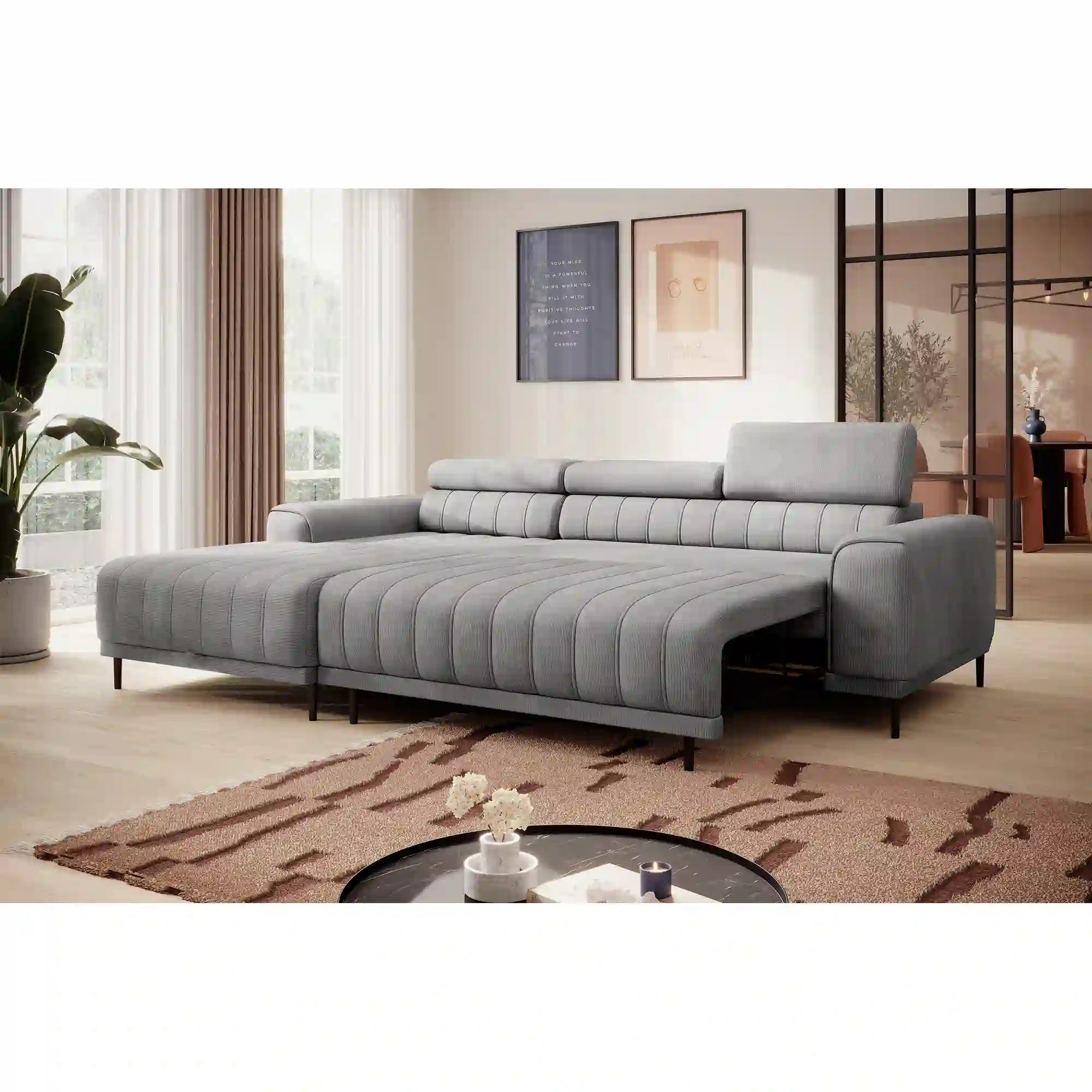 Coltar extensibil CALDO MINI, personalizabil materiale Gama Premium, cu lada depozitare si tetiere reglabile, 272x178x99 cm