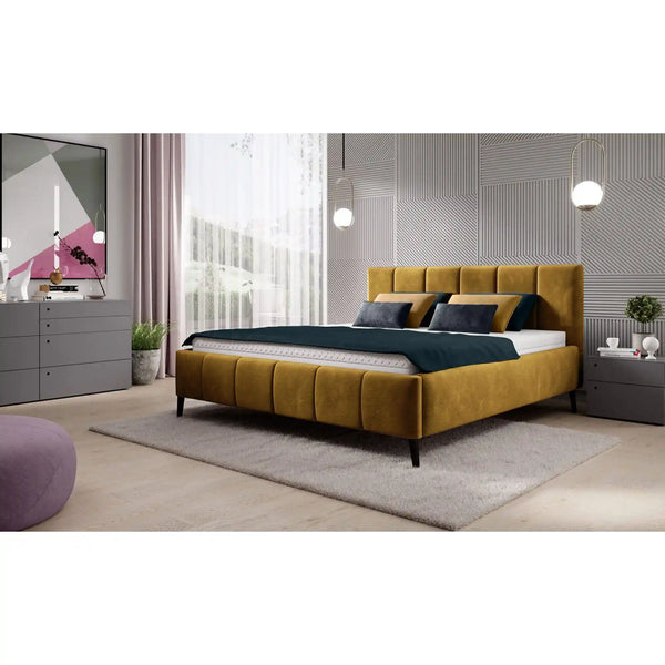 Pat RIVA SR 160x200, stofa galben mustar - Whisper 10, Gama Premium, cu suport saltea si sistem de reglare