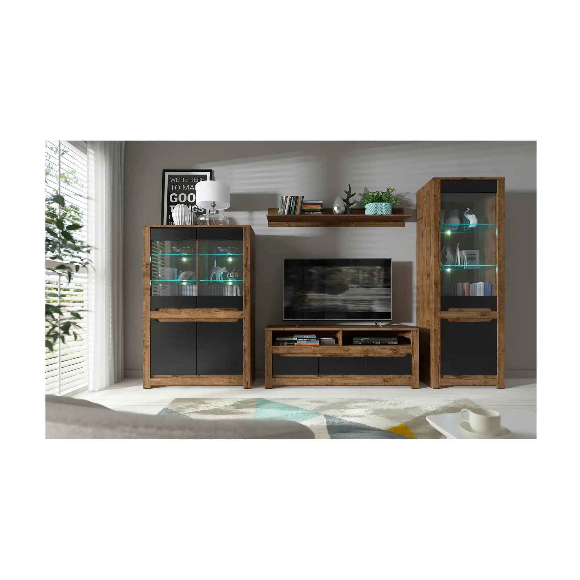 Comoda TV RUSO, stejar/negru mat, PAL laminat, 149x46x59 cm