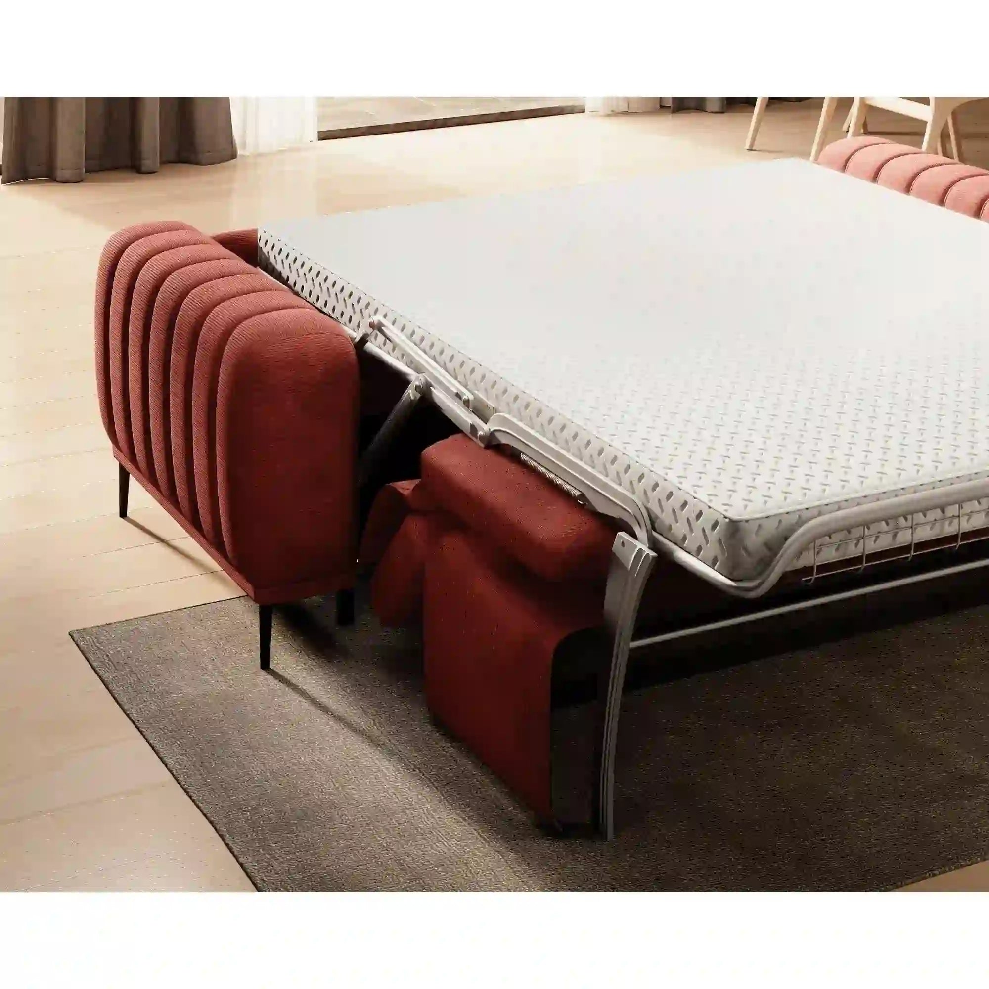 Canapea extensibila GANDI 140, stofa catifelata maro - Palladium 06, cu tetiere reglabile, 207x102x95 cm