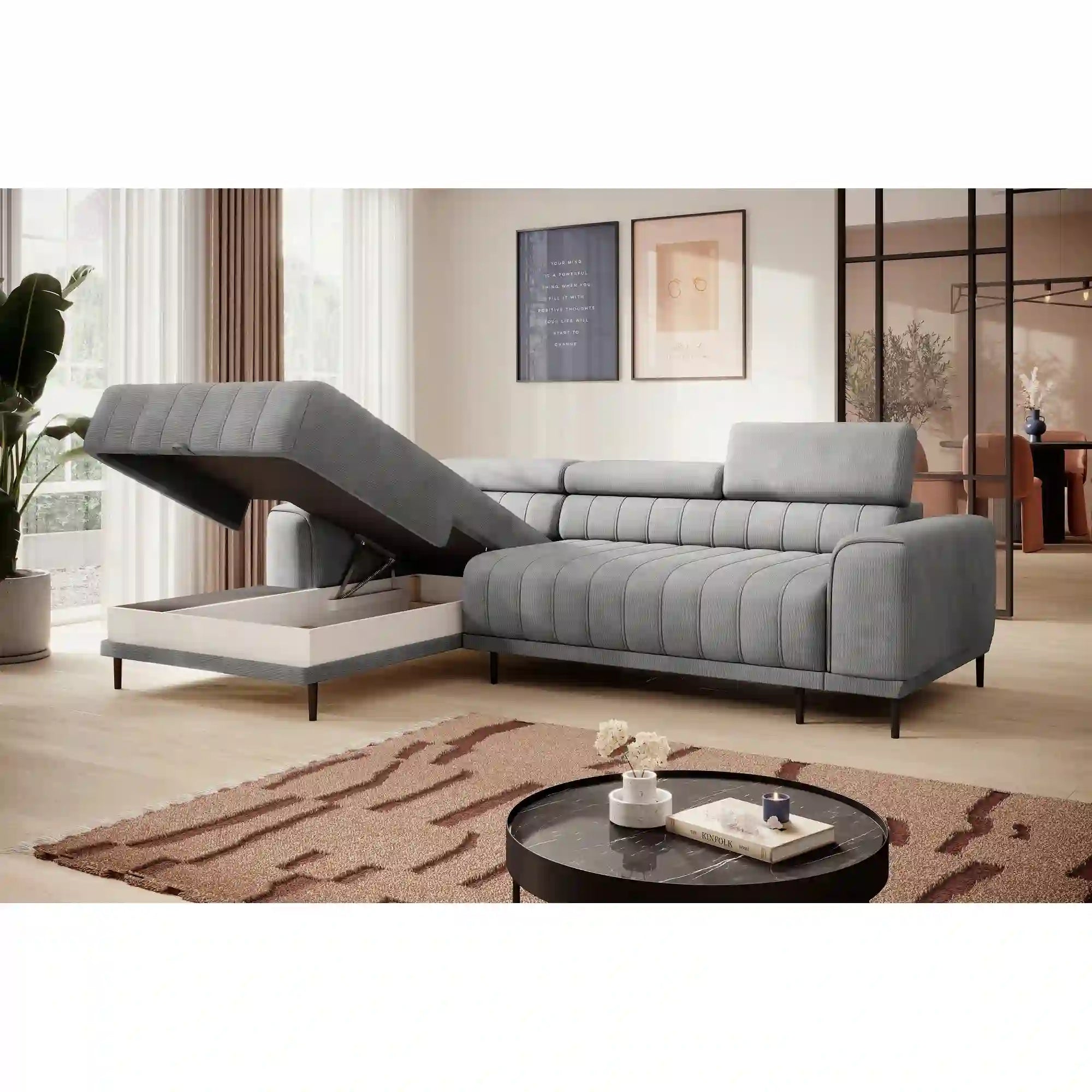 Coltar extensibil CALDO MINI, personalizabil materiale Gama Premium, cu lada depozitare si tetiere reglabile, 272x178x99 cm