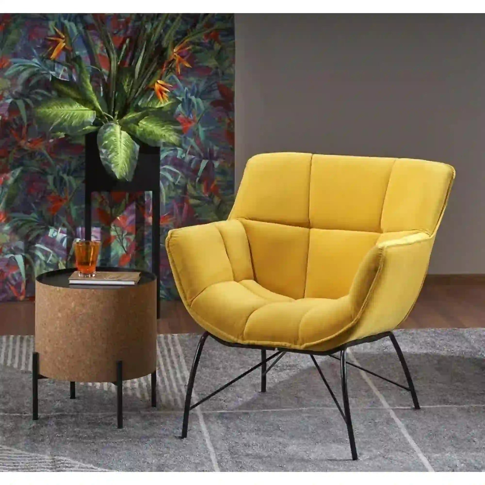 Fotoliu BELTON, galben/negru, stofa catifelata/otel, 74x73x78 cm