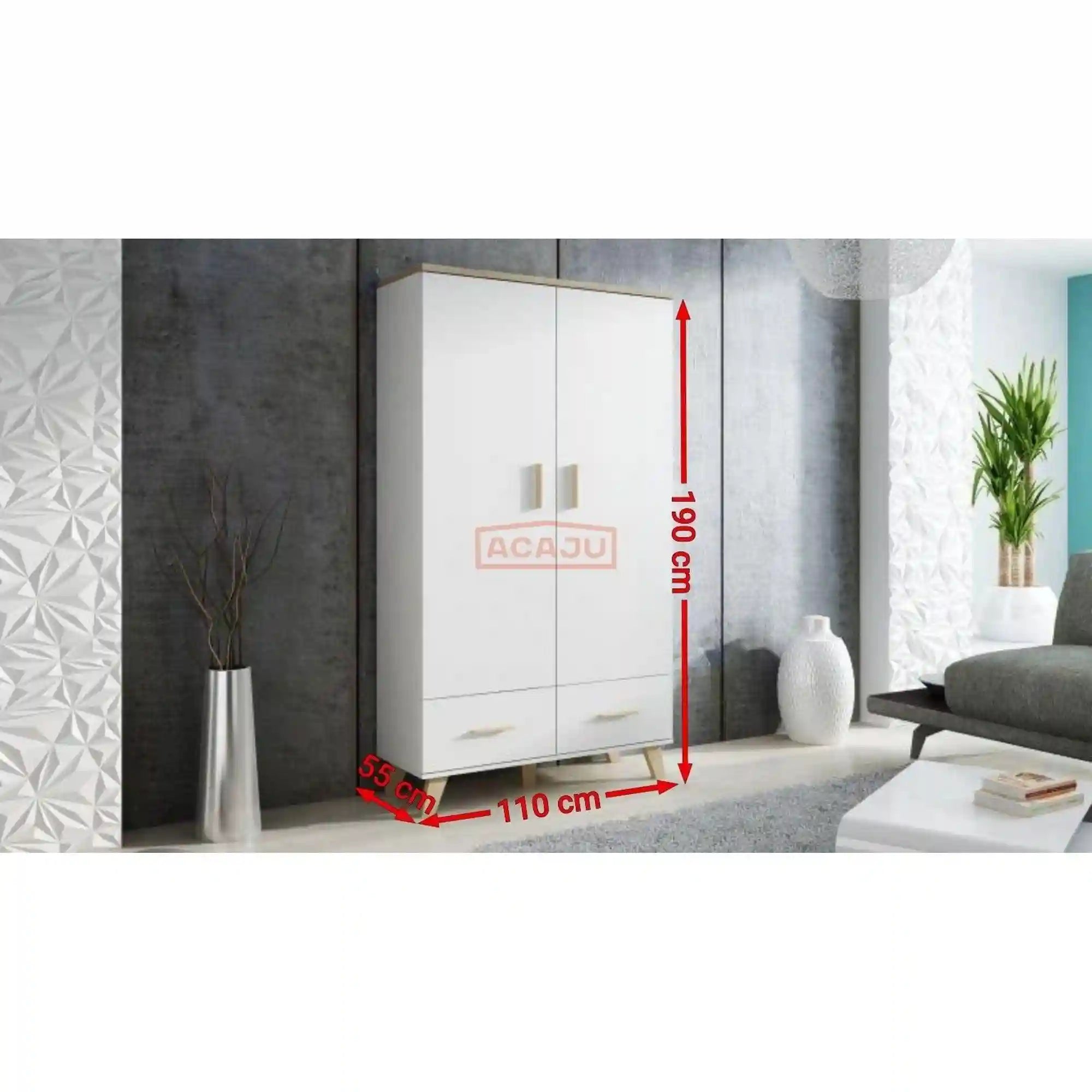 Dulap LOTTA, alb/stejar sonoma, PAL, cu 2 usi si 2 sertare, 110x55x190 cm