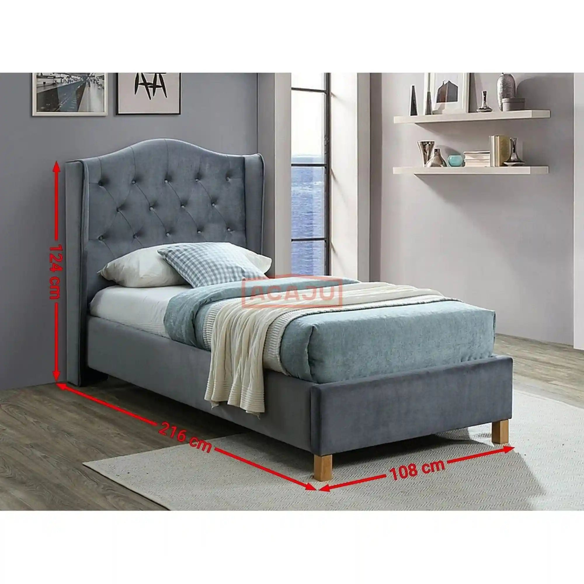 Pat ASPEN 90x200, stofa catifelata gri - Bluvel 14, cu somiera