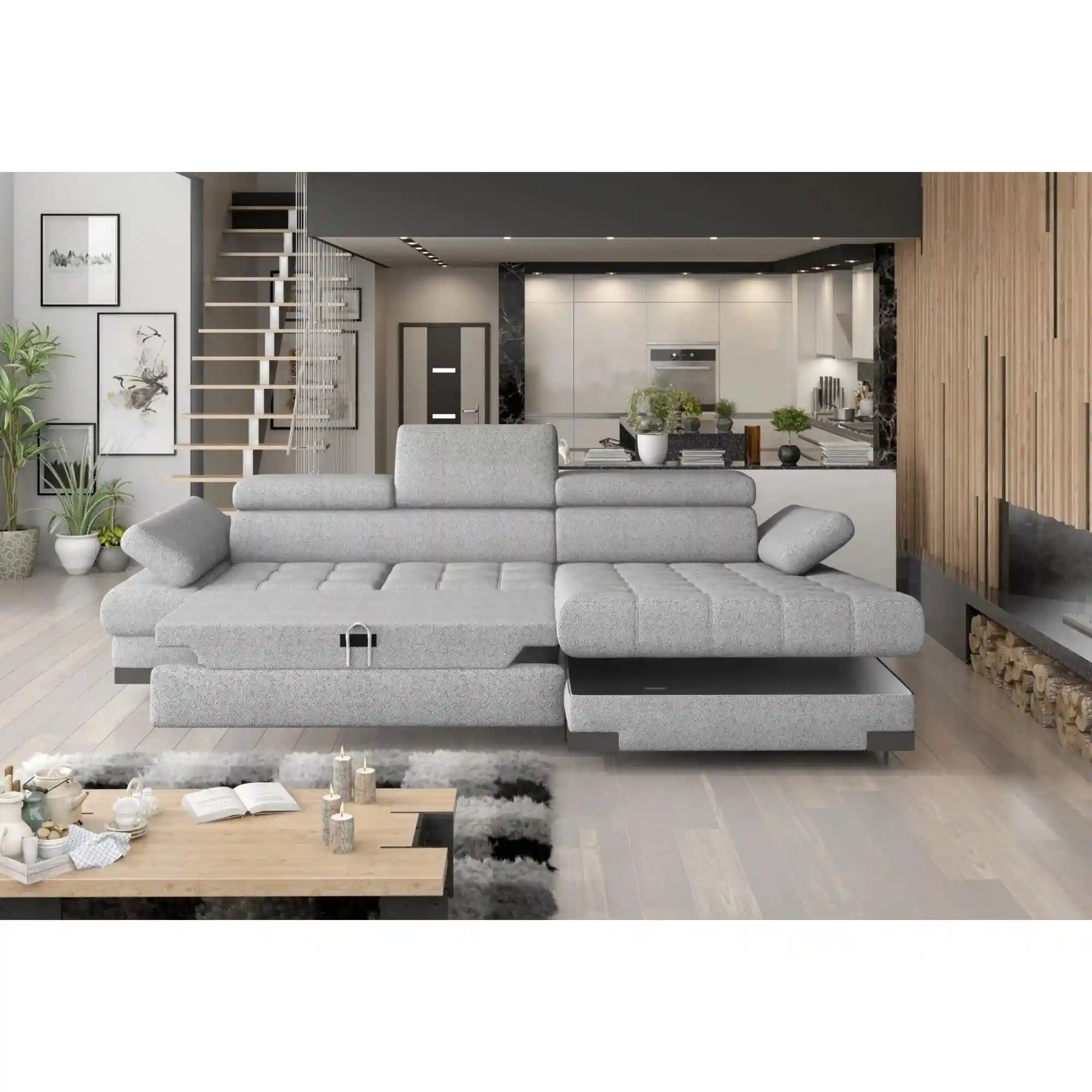 Coltar extensibil SELVA MINI, sezlong dreapta, stofa catifelata gri - Palladium 15, Gama Premium, cu lada depozitare si tetiere reglabile, 270x173x95 cm