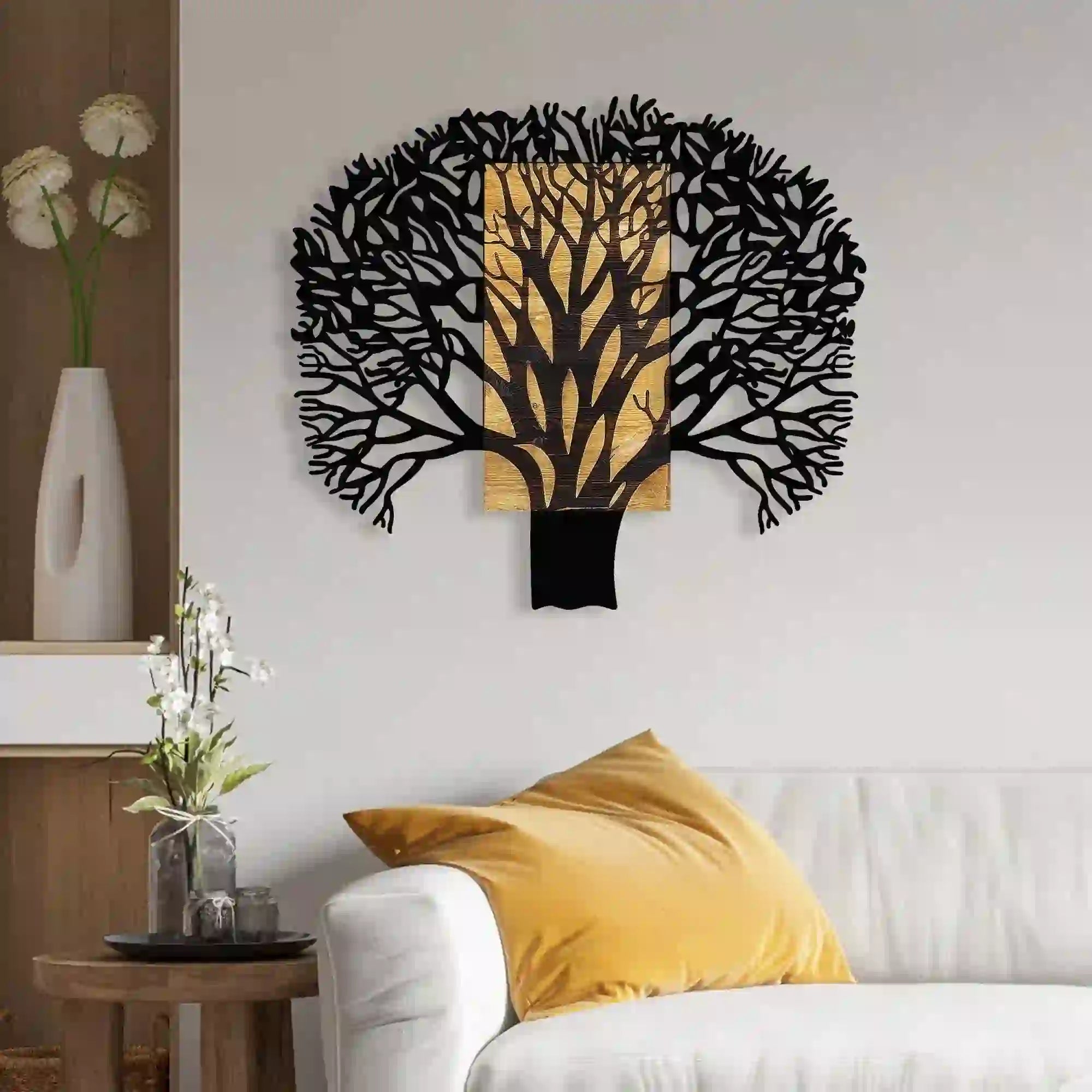 Decoratiune perete TREE 1, stejar/negru, lemn/metal, 93x3x86 cm