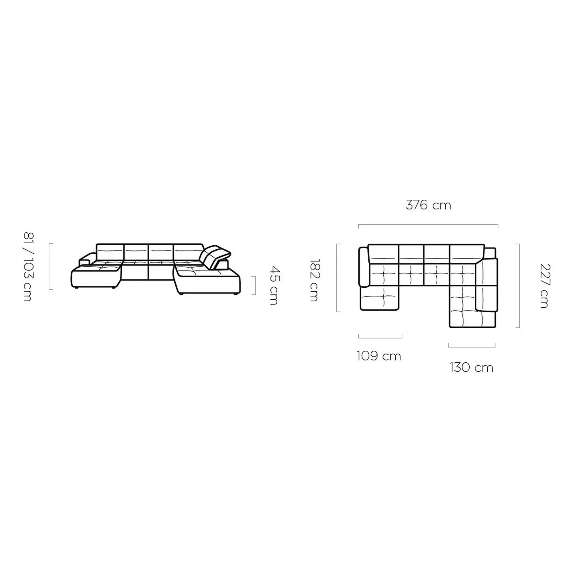 Coltar extensibil COLOMBO XL, sezlong stanga, stofa clasica galben mustar - Austin 11, cu sistem electric de ajustare a adancimii, tetiere, spatar si sezut reglabile, lada depozitare, 376x227x103 cm
