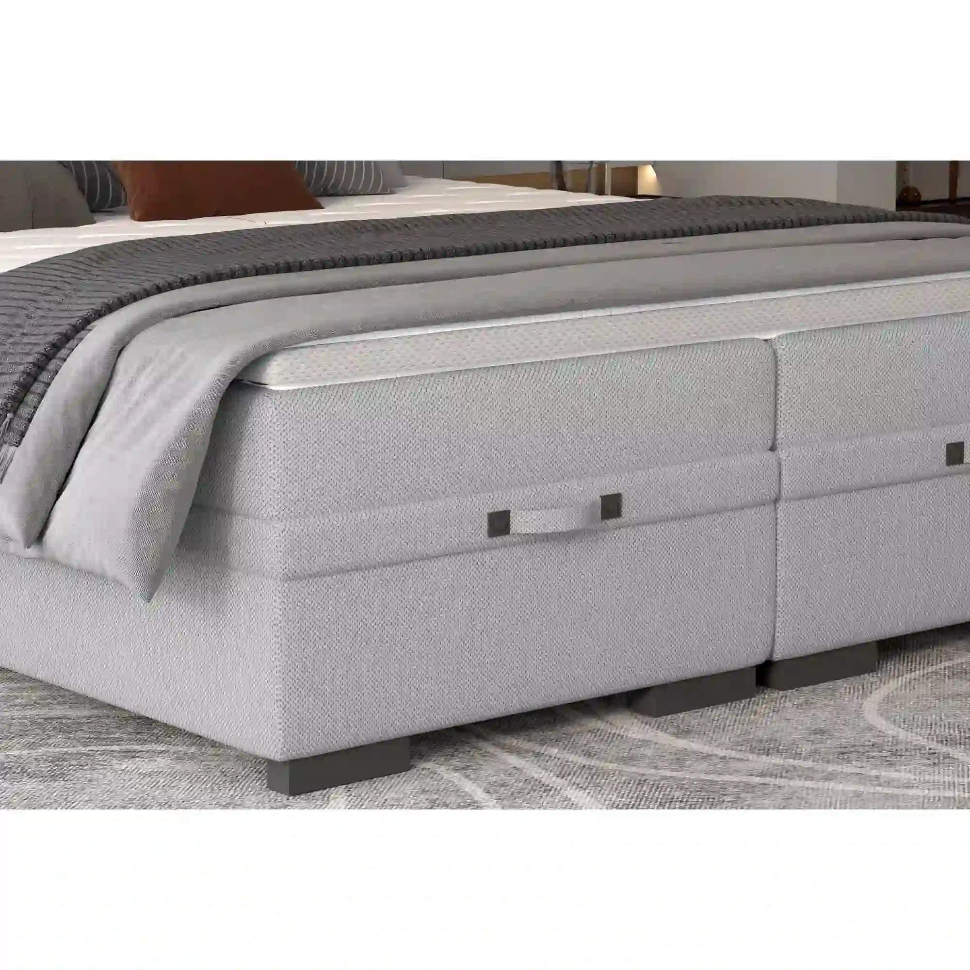 Pat boxspring SEMENO 160x200, personalizabil materiale Gama Premium, cu saltele, spatiu depozitare si topper