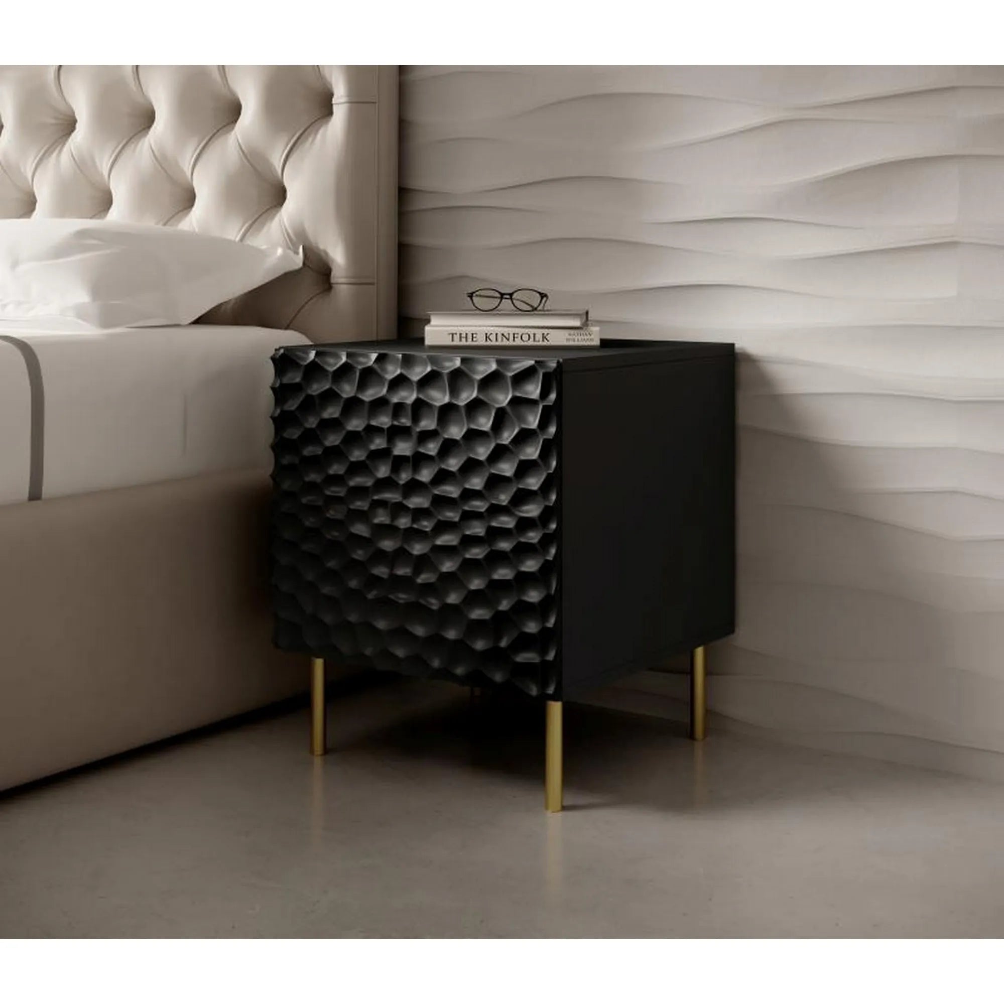 Noptiera HOLE, negru/auriu, PAL laminat/metal, 44x41x54 cm