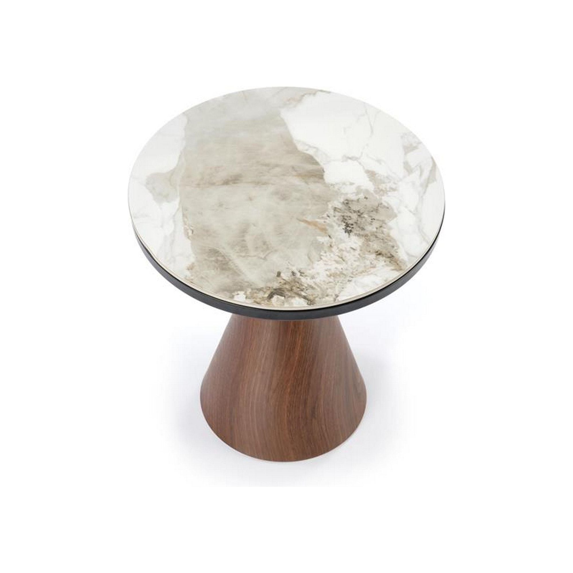 Masuta cafea GENESIS S, alb cu efect de marmura/nuc/auriu, otel/ceramica, 50x50x53 cm
