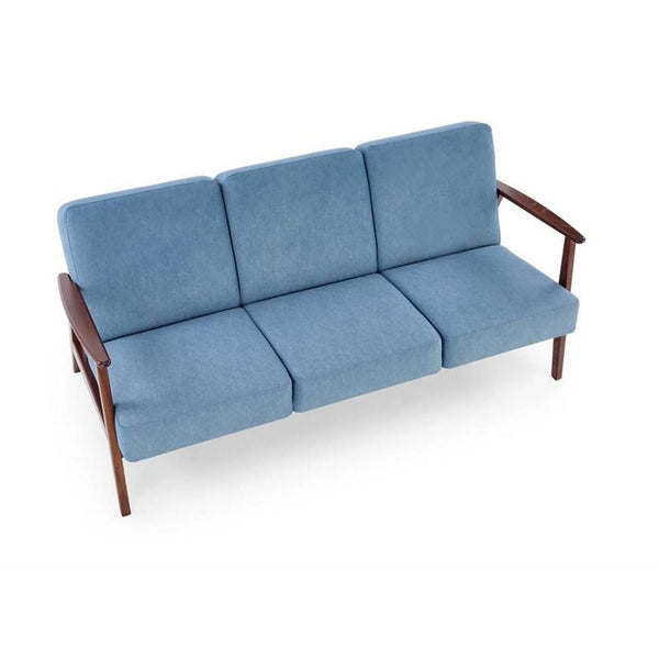 Canapea MILANO 3S, albastru/nuc, stofa clasica/lemn, 175x77x77 cm