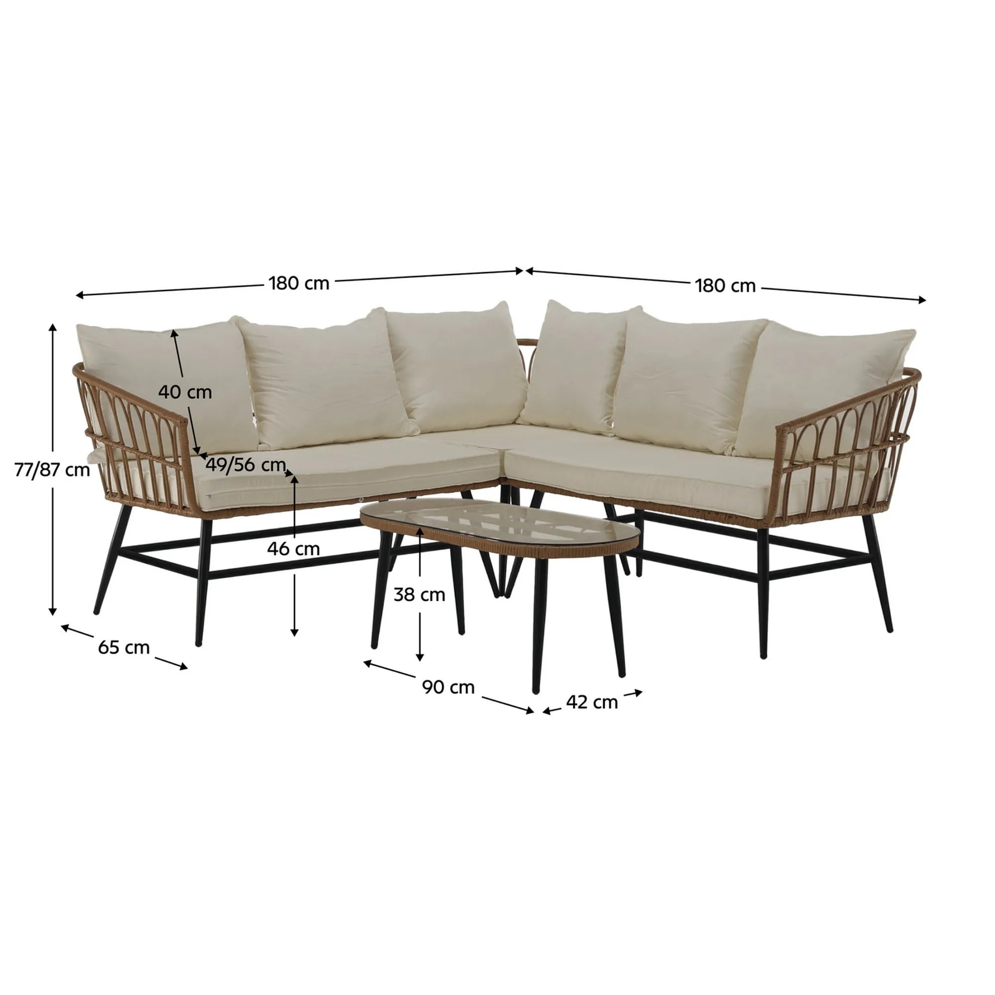 Set gradina ARALY, bej/negru, ratan sintetic/sticla/metal, cu masuta si canapea