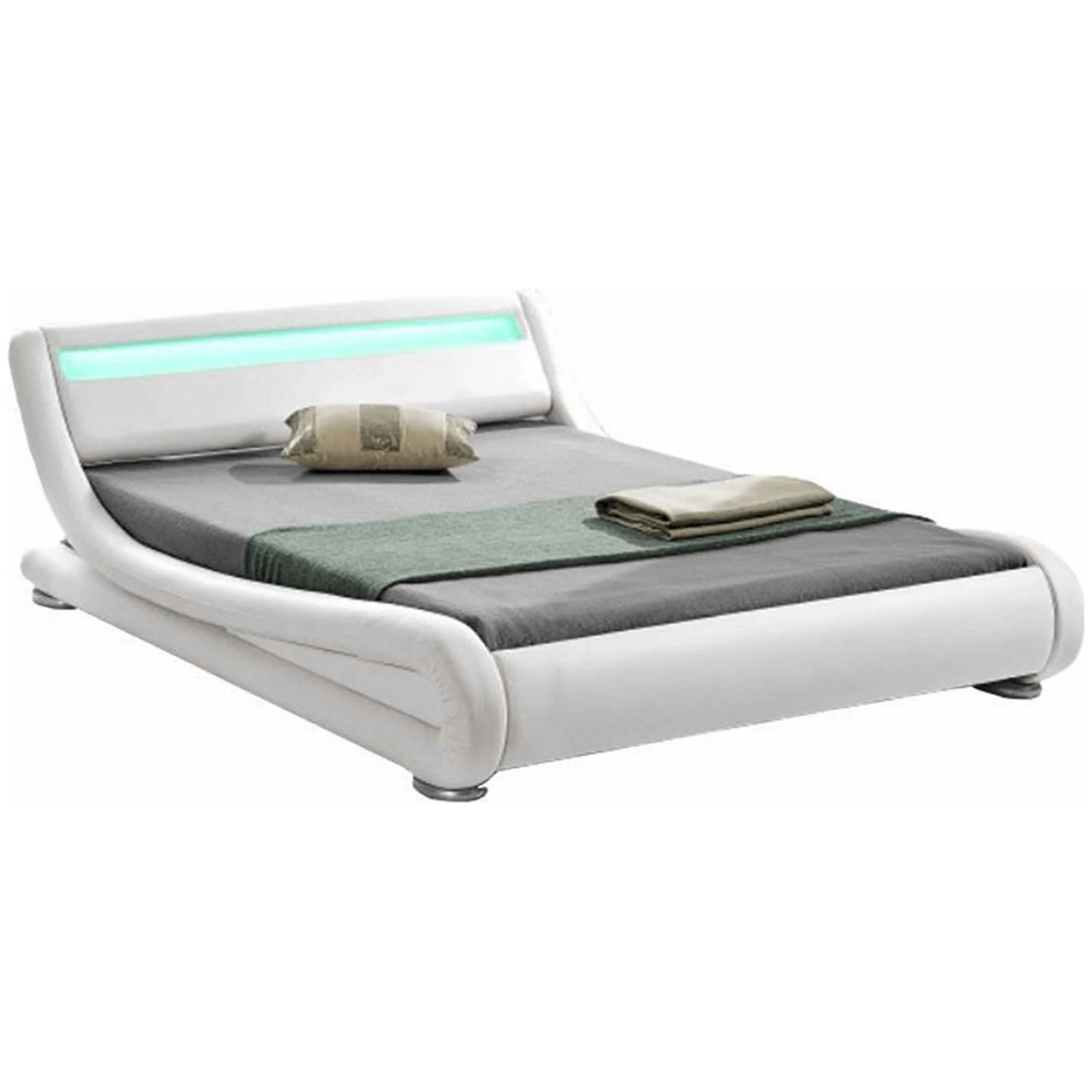 Pat FILIDA 180x200, alb, piele ecologica/PAL, cu iluminare LED si somiera