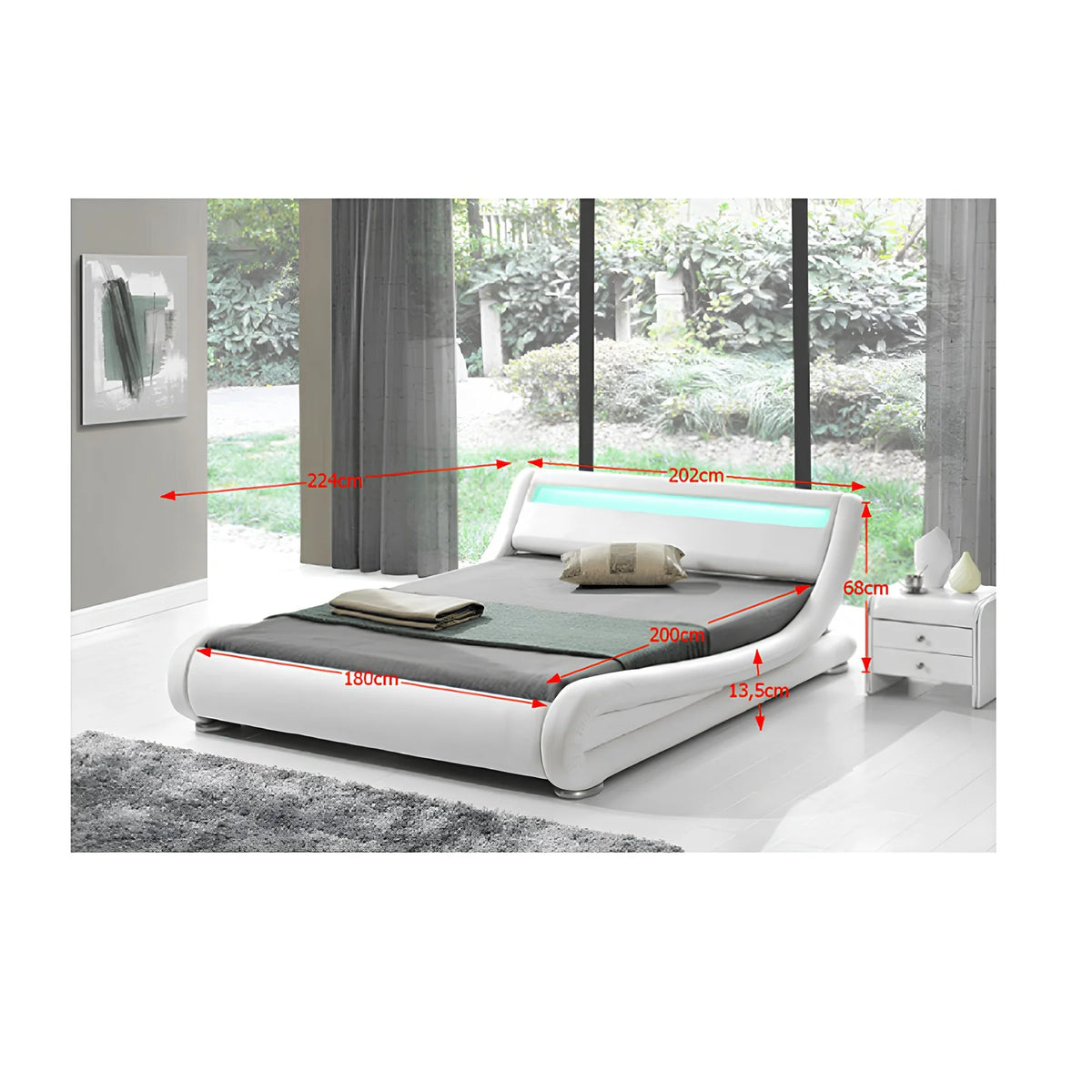 Pat FILIDA 180x200, alb, piele ecologica/PAL, cu iluminare LED si somiera