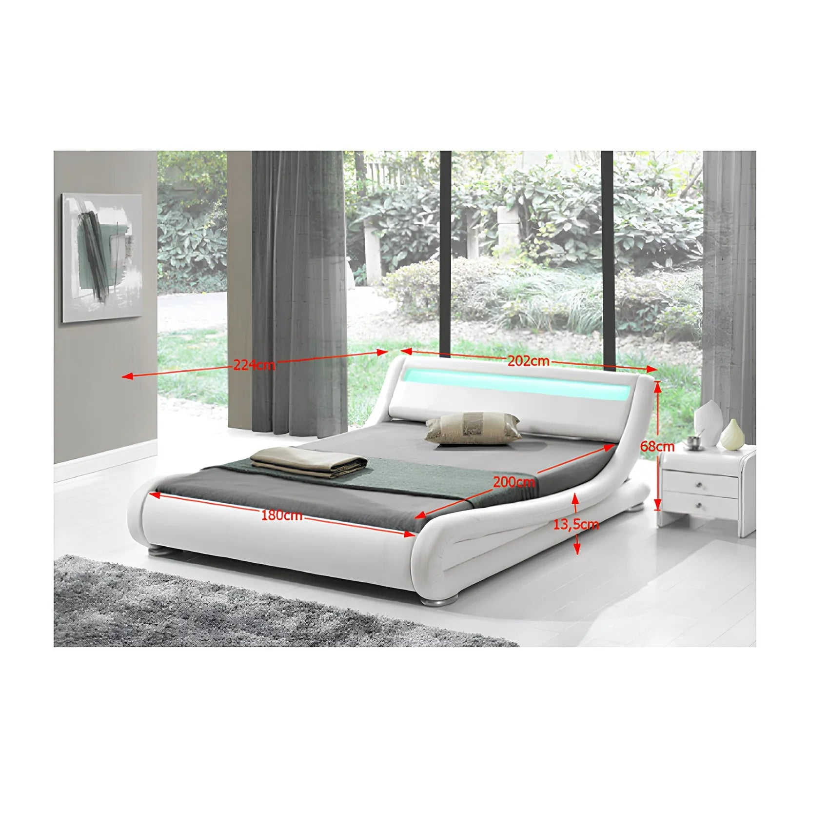 Pat FILIDA 180x200, alb, piele ecologica/PAL, cu iluminare LED si somiera