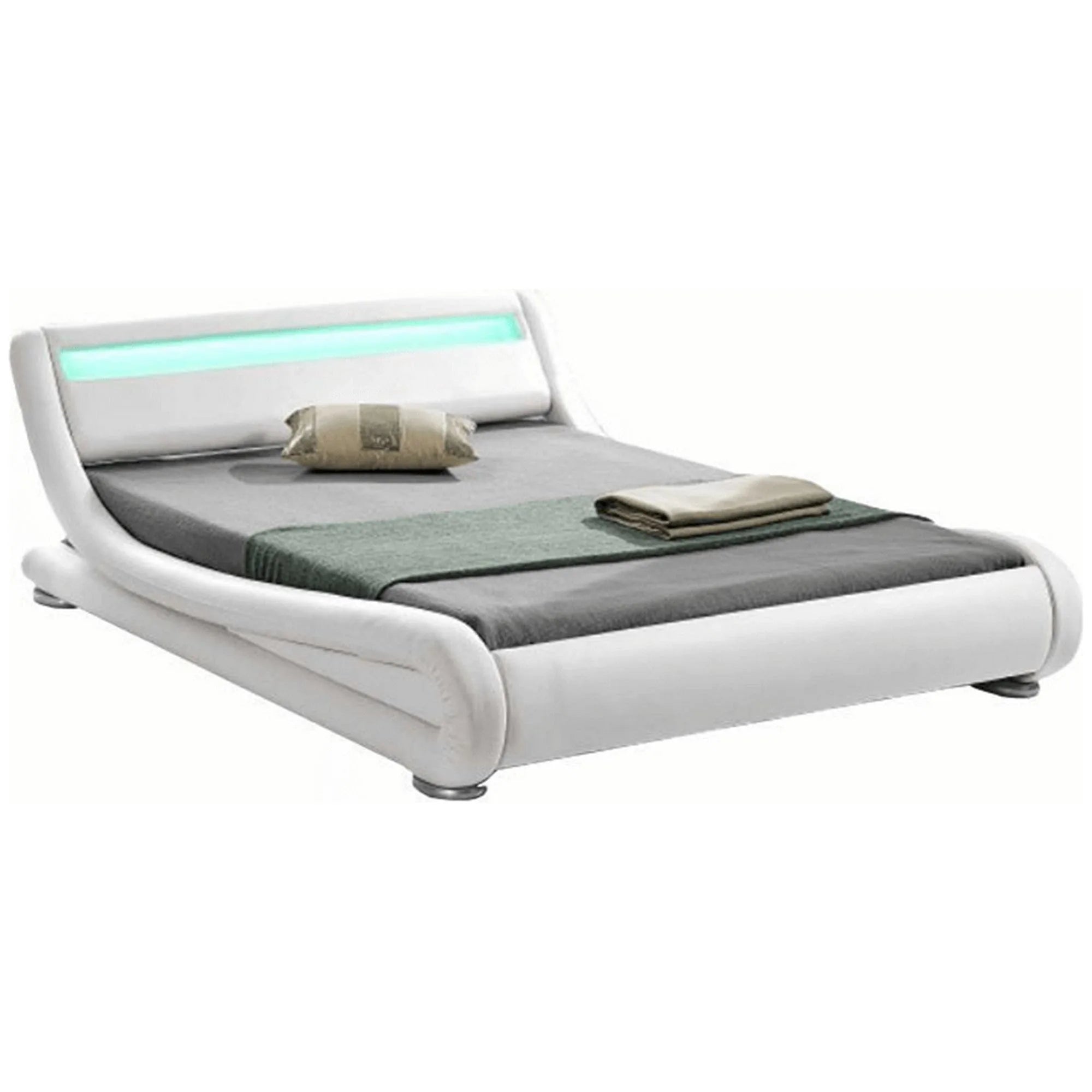 Pat FILIDA 160x200, alb, piele ecologica/PAL/metal/lemn, cu iluminare LED si somiera