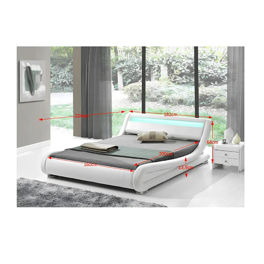 Pat FILIDA 160x200, alb, piele ecologica/PAL/metal/lemn, cu iluminare LED si somiera