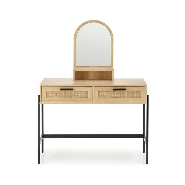 Masa de toaleta CARMEN, stejar natural/negru, PAL melaminat/rattan, cu oglinda, 104x35x136 cm