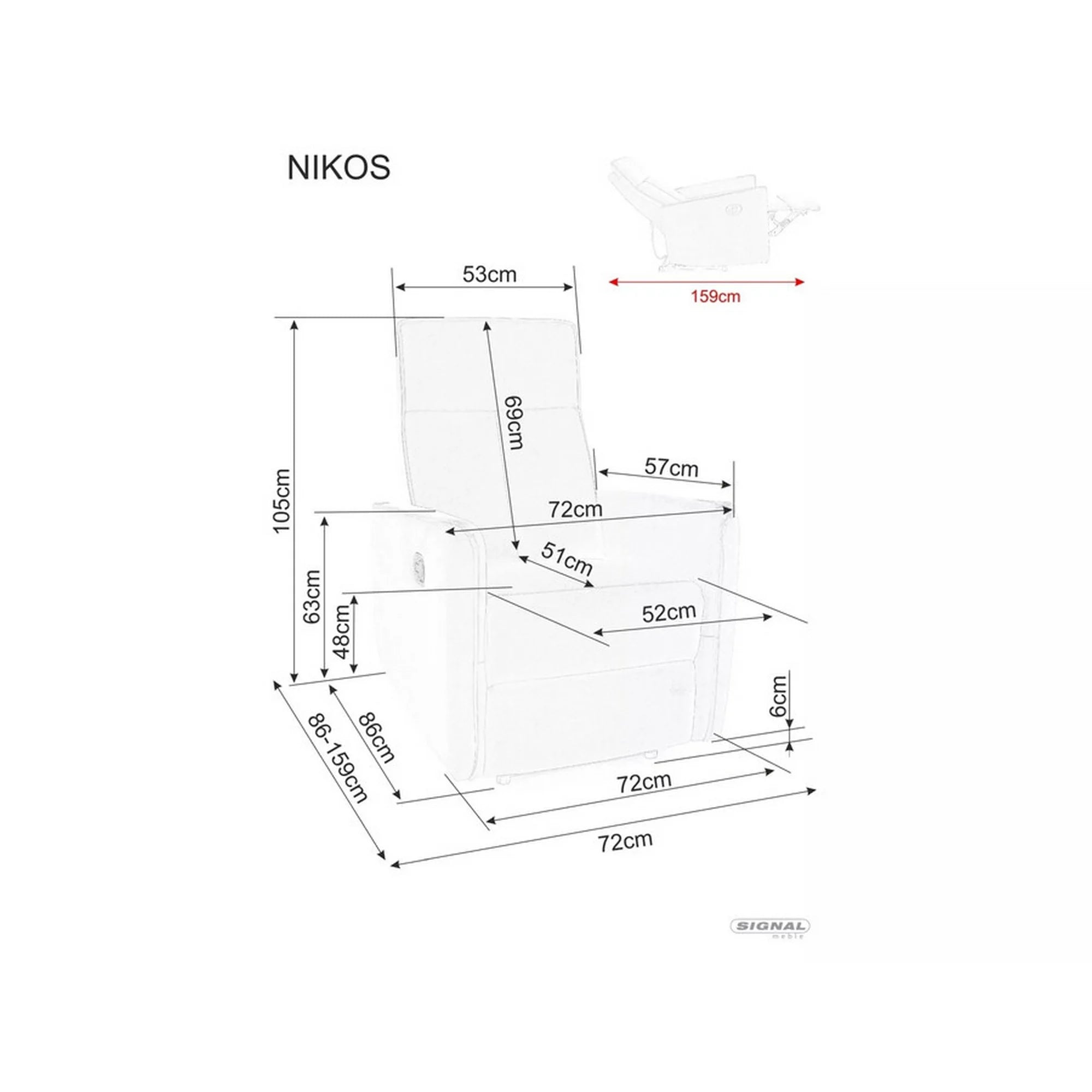 Fotoliu recliner NIKOS, stofa catifelata gri - Bluvel 14, 72x86/159x105 cm