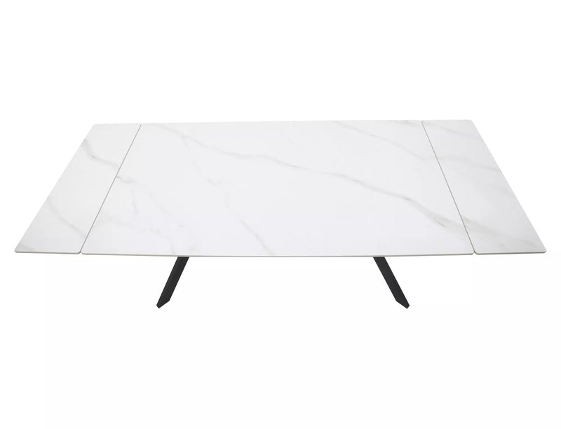 Masa extensibila IMPERIA, alb mat cu efect de marmura/negru, ceramica/metal, 180/240x90x76 cm