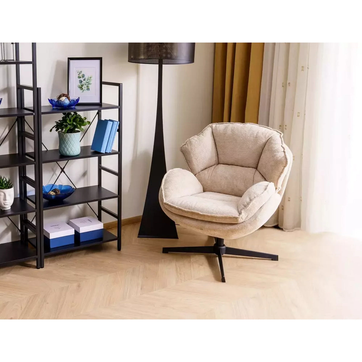 Fotoliu pufos rotativ BETTY, bej/negru, stofa clasica/metal, 73x87x83 cm