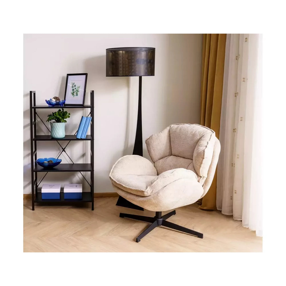 Fotoliu pufos rotativ BETTY, bej/negru, stofa clasica/metal, 73x87x83 cm