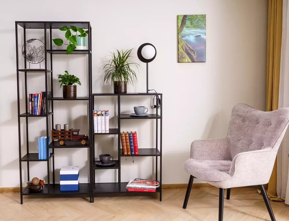 Etajera COSTA A, negru mat, PAL laminat/metal, 70x30x178 cm