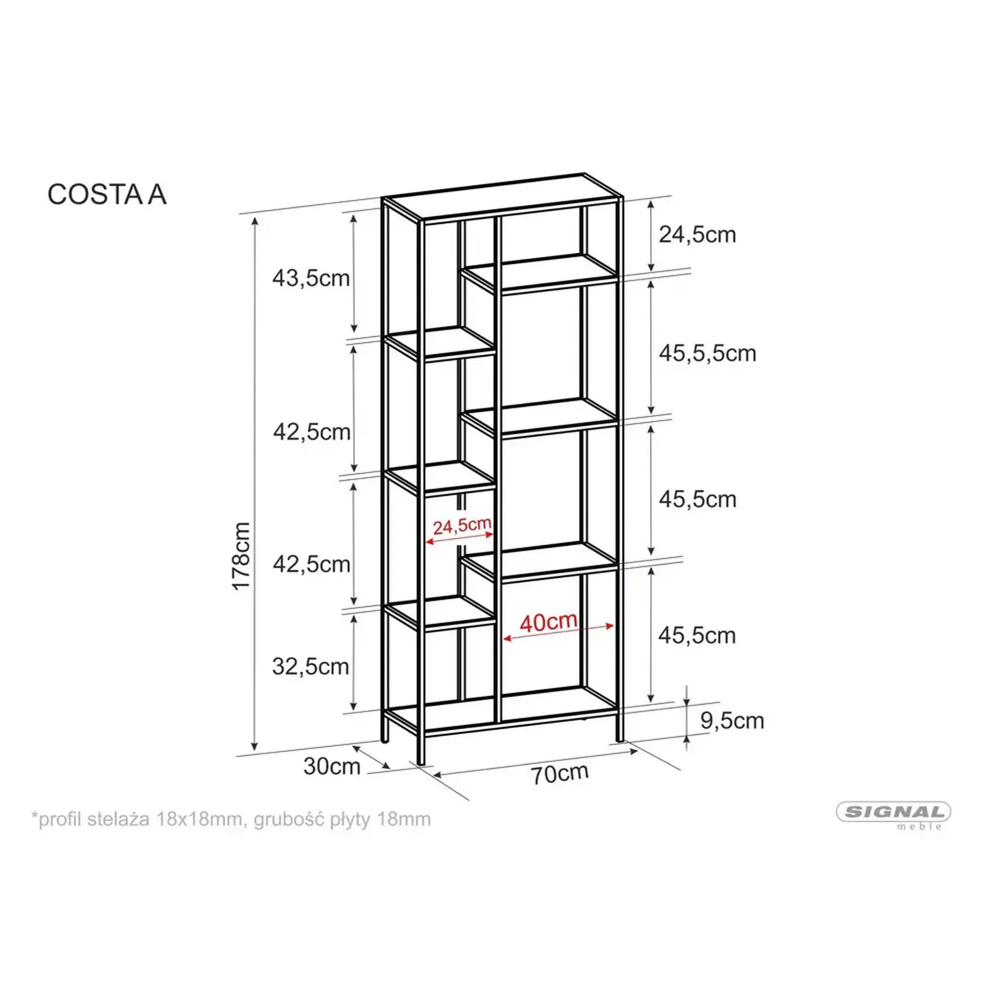 Etajera COSTA A, negru mat, PAL laminat/metal, 70x30x178 cm
