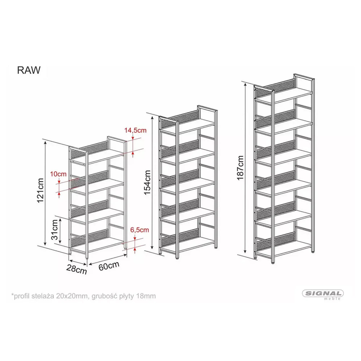 Etajera RAW R4, negru, PAL laminat/metal, 60x28x121 cm