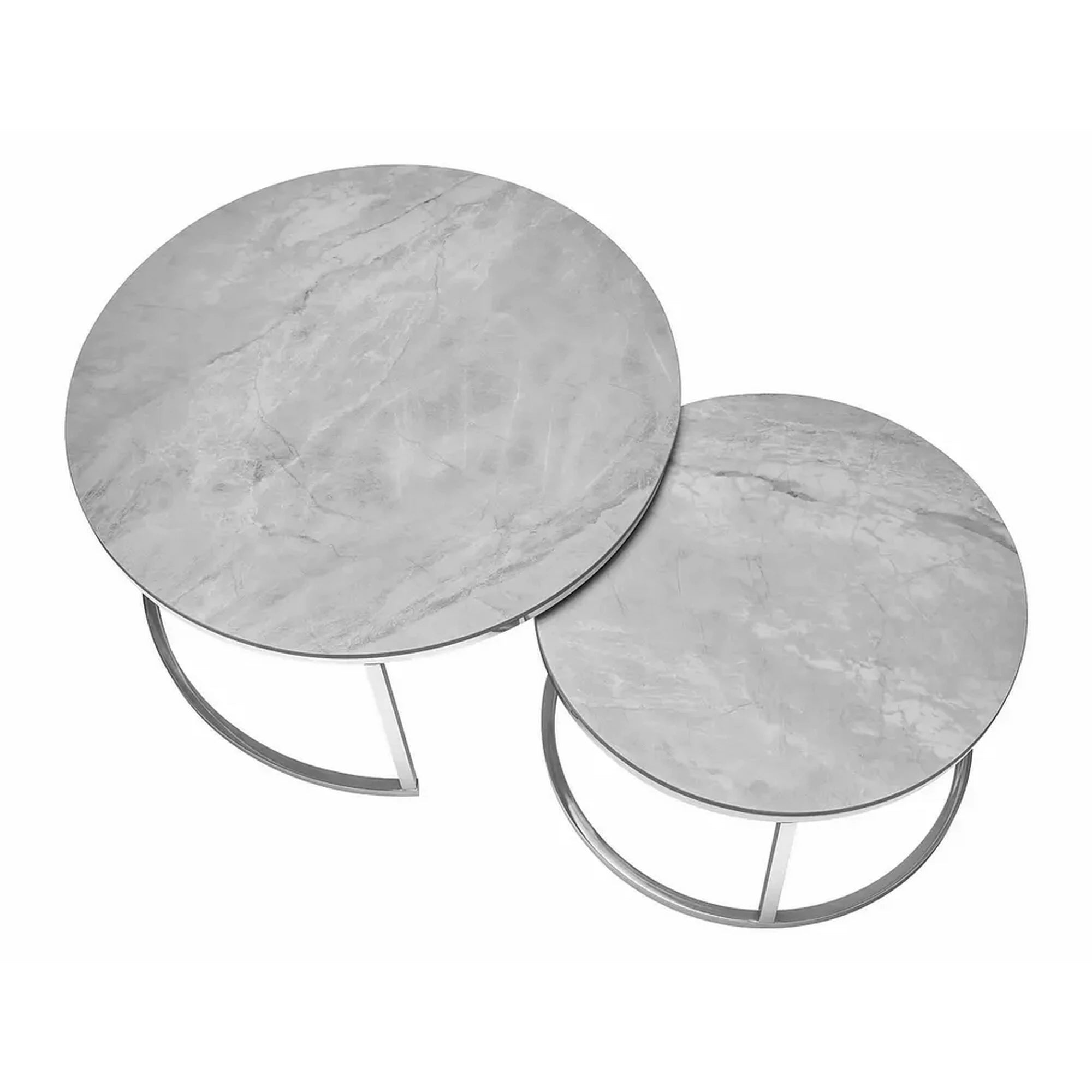 Set 2 masute cafea PORTAFINO B, gri cu efect de marmura/crom, ceramica/metal, 80/60