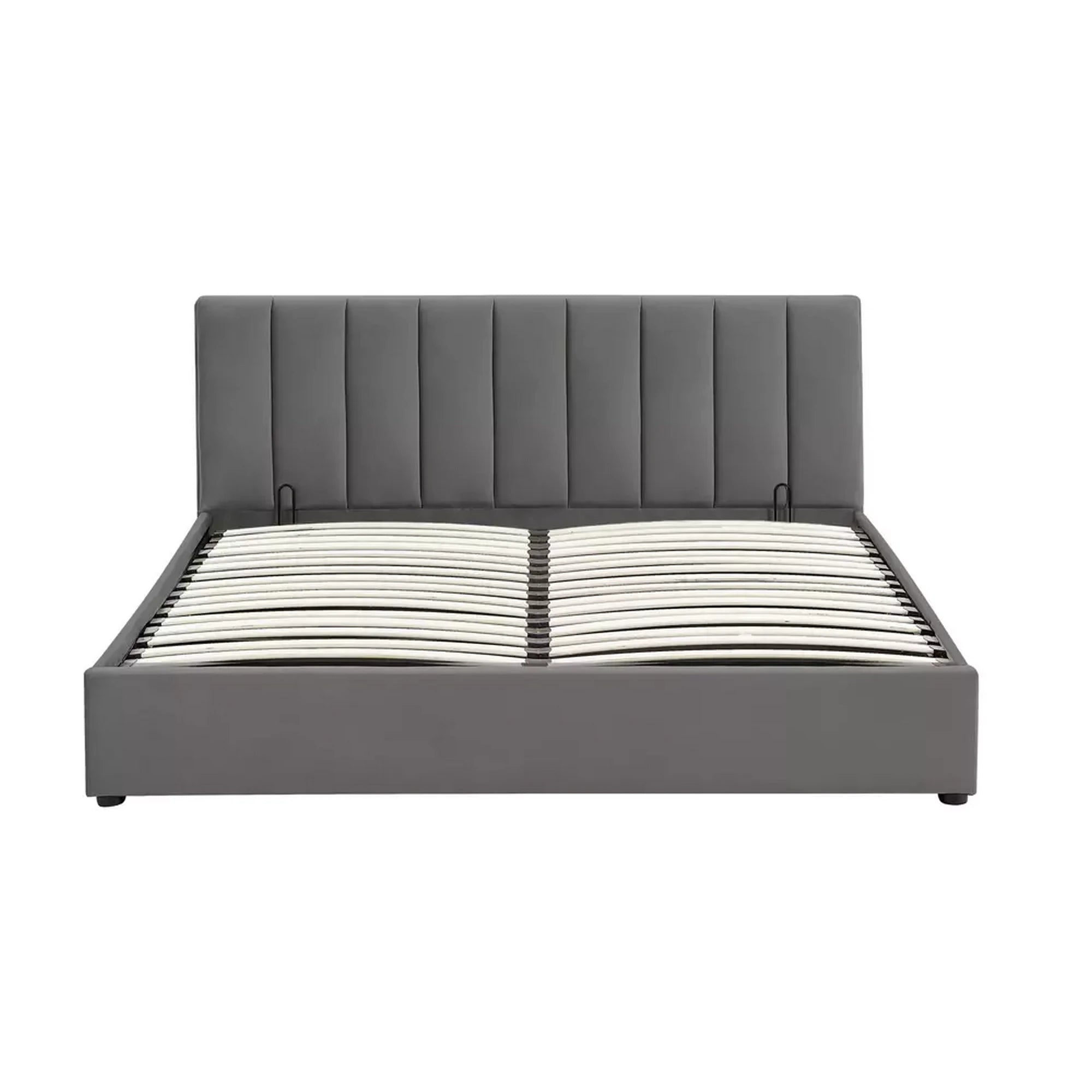 Pat 160 cm MONTREAL, stofa catifelata gri, cu somiera si spatiu depozitare