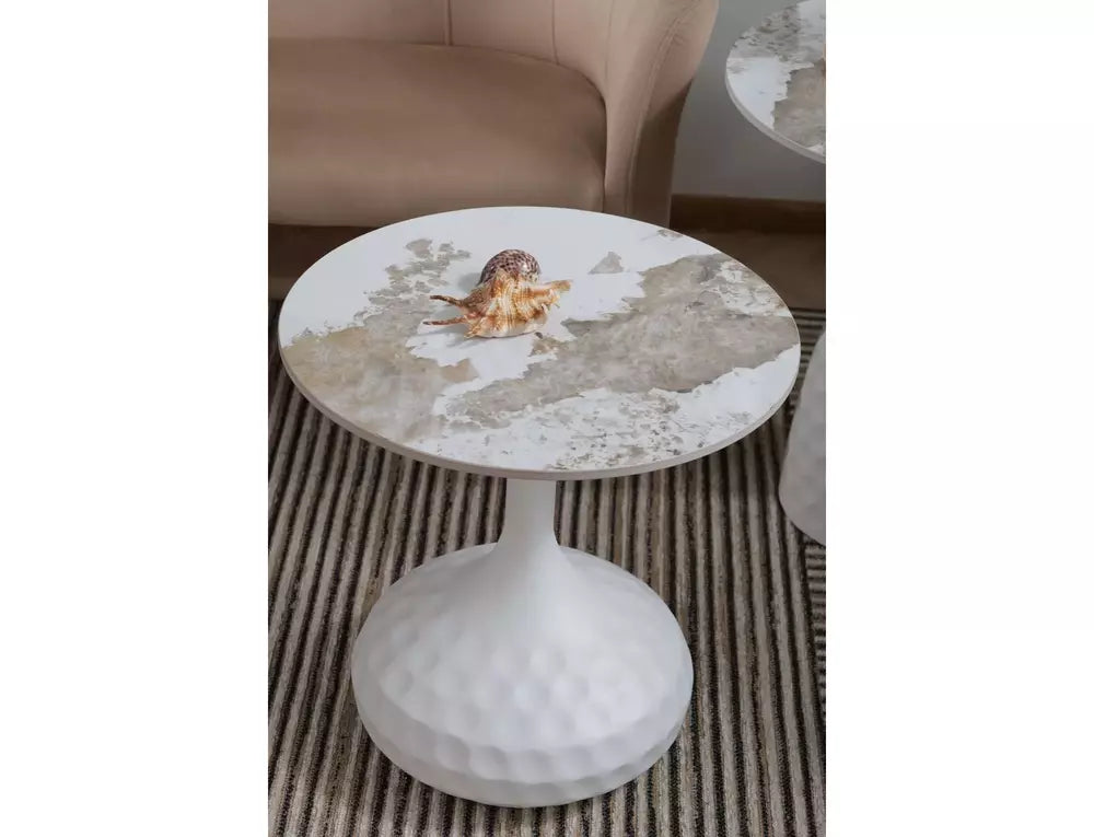 Masuta cafea SALO B, alb cu efect de marmura, ceramica/metal, 50x49 cm