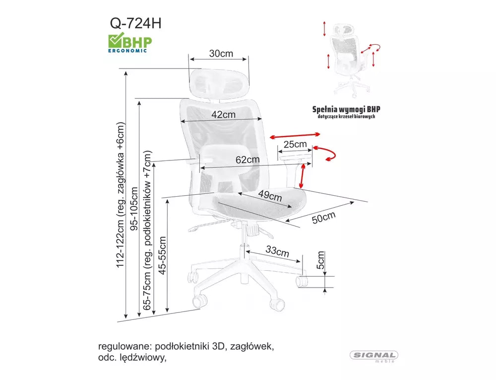 Scaun de birou Q-724 H, gri, stofa clasica/plasa, 62x49x112/122 cm