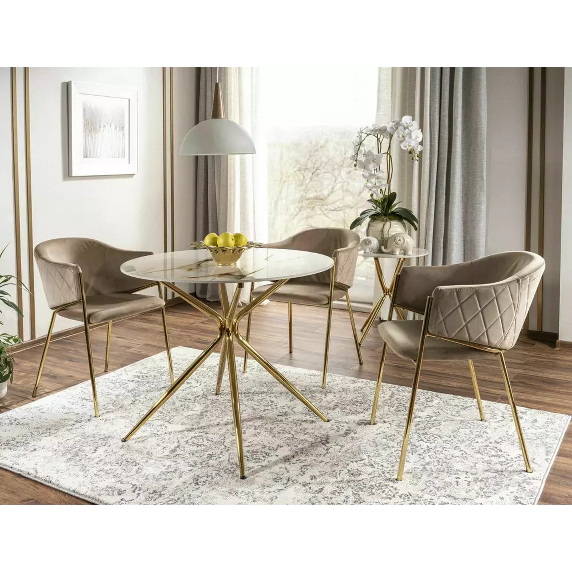 Scaun de living modern BONO, bej/auriu, stofa catifelata/metal, 55x44x77 cm