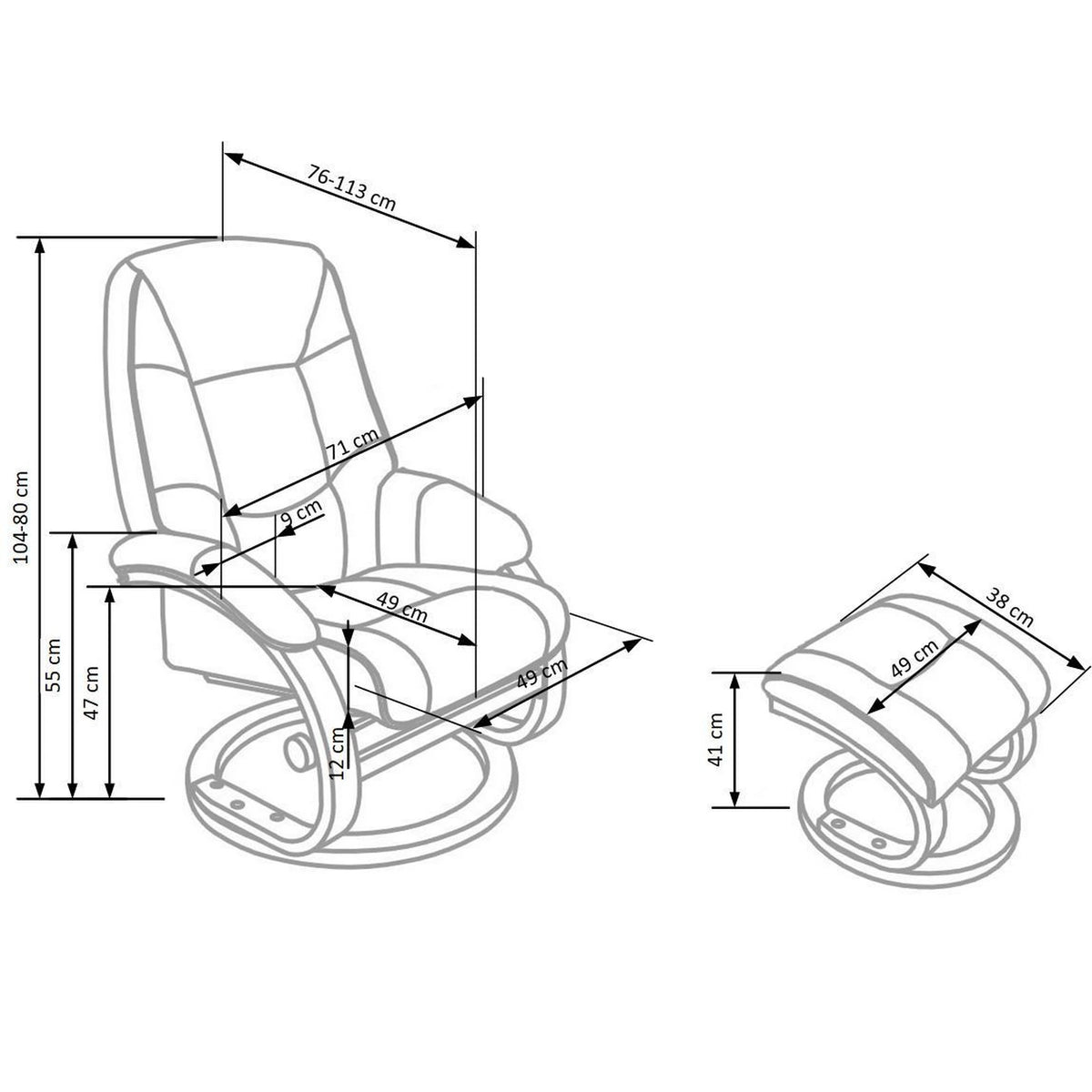 Fotoliu recliner MATADOR, piele ecologica neagra, 71x76x103 cm