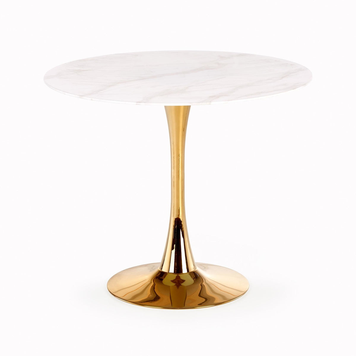 Masa rotunda cu blat de sticla CASEMIRO, alb cu efect de marmura/auriu, 90x90x75 cm